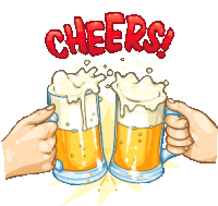 a cartoon illustration of two people toasting with beer and the word cheers in red letters