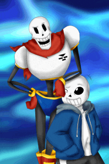 a drawing of papyrus standing next to sans on a blue background