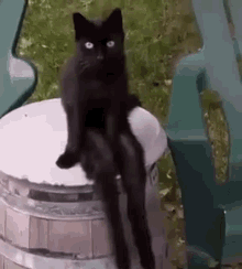 a black cat is sitting on a wooden barrel with its legs crossed .