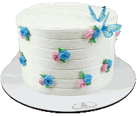 a white cake with blue and pink frosting and a butterfly on top