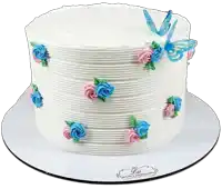 a white cake with blue and pink frosting and a butterfly on top