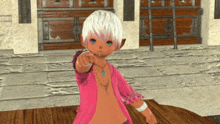 a cartoon character with white hair and blue eyes is pointing at the camera