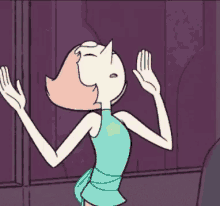 pearl from steven universe is dancing with her arms outstretched and a star on her shirt .