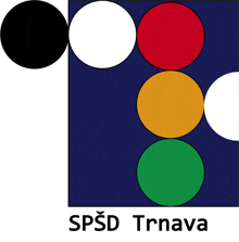 a logo for spsd trnava shows circles of different colors on a blue background