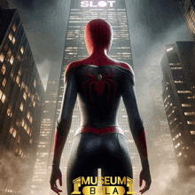 a poster of a spiderman standing in front of a slot machine