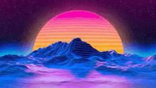 a colorful sunset over a mountain range with waves in the foreground and a large sun in the background .