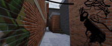 a brick alleyway with a couch in the middle of it