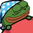 a cartoon frog wearing a blue and white polka dot hat is sleeping on a red blanket .