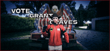 a man wearing a cowboy hat and sunglasses stands in front of a jeep with the words vote grant caves above him