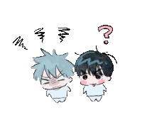 a drawing of two boys with a question mark above their heads