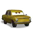 a yellow car from cars with sunglasses on the windshield is sitting on a white surface .