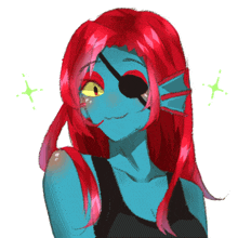 a drawing of a woman with red hair and a blue face