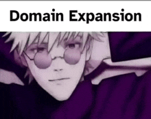 a close up of a person wearing sunglasses and the words `` domain expansion '' above them .