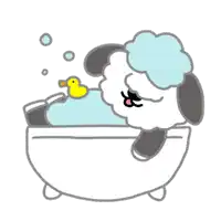 a cartoon dog is taking a bath in a bathtub with a yellow rubber duck