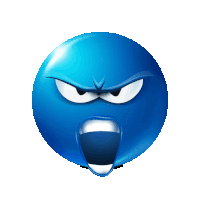 a blue smiley face with a very angry expression