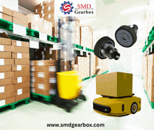 an ad for smd gearbox shows a warehouse with boxes