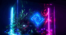 a neon jungle with plants and a square in the middle