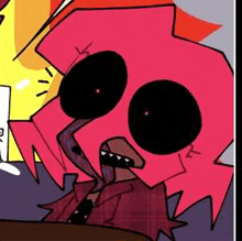 a cartoon of a pink monster with black eyes and teeth sitting at a table .