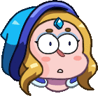 a cartoon character with a blue hat and a blue jewel on her forehead