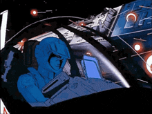 a man in a blue suit is sitting in a cockpit of a space ship