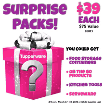 a pink tupperware gift box with a question mark