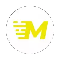 a yellow letter m in a white circle on a white background