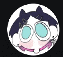 a cartoon character with glasses and a pink collar is in a white circle .