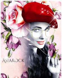 a woman wearing a red beret and glasses is surrounded by flowers and the word asiarock