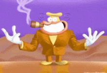 a cartoon character in a suit is smoking a cigar and giving a peace sign .