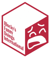 blocky 's funny doings international logo with a sad face