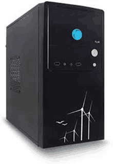 a black computer case with a picture of windmills on the front .