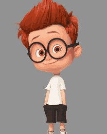 a cartoon boy with red hair and glasses is standing in front of a gray background .