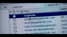 a computer screen shows a list of emails with tempgirl at the top