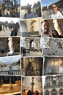 a collage of pictures shows a man and a woman standing in front of a building