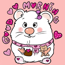 a cartoon of a hamster holding a cup of coffee and a teddy bear with the words morning above it