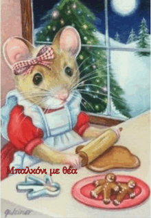 a painting of a mouse rolling out dough with a plate of cookies