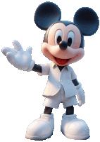 mickey mouse is wearing a white shirt and shorts and waving his hand