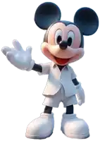 mickey mouse is wearing a white shirt and shorts and waving his hand