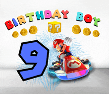 a birthday card for a 9 year old boy with mario on a kart