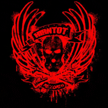 a black background with red wings and a skull that says horntot on it