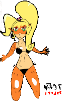 a drawing of coco from crash bandicoot in a bikini with the words night stodes below her