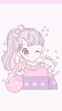 a girl with purple hair is giving a peace sign