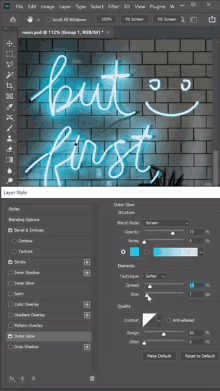 a neon sign that says but first is being created in photoshop