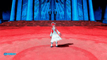 a girl in a red and white dress is standing in front of a blue building with the word arush on the bottom