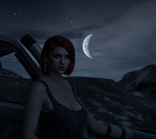 a woman with red hair is standing in front of a car with a half moon in the sky