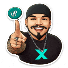 a man giving a thumbs up with a speech bubble that says " up "