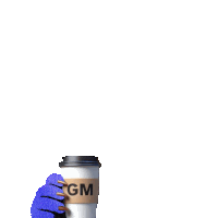 a purple monster is holding a cup of coffee that says gm on it