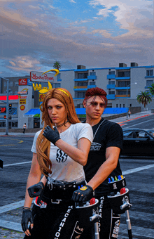 a man and a woman are standing on a street in front of a building that says honky tonk