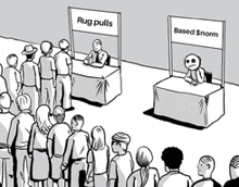 a black and white drawing of a group of people standing around a table with a sign that says rug pulls and based norm