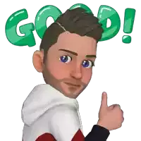 a cartoon character giving a thumbs up with the word good behind him